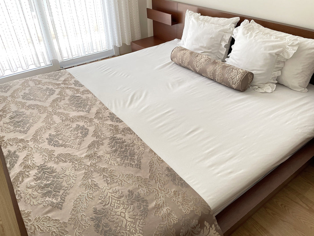 Beige Floral Satin Bed Runner