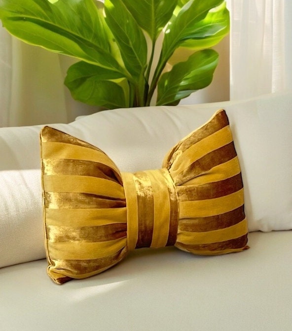 Gold Striped Velvet Bow Pillow - 12x18"