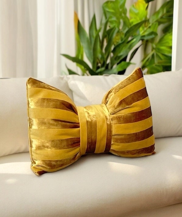 Gold Striped Velvet Bow Pillow - 12x18"