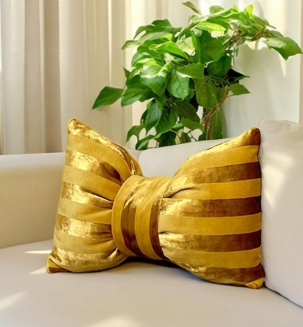 Gold Striped Velvet Bow Pillow - 12x18"