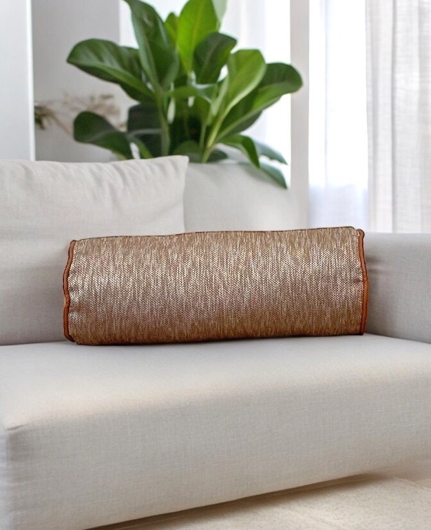 Camel Faux Leather Piping Linen Bolster Pillow Cover