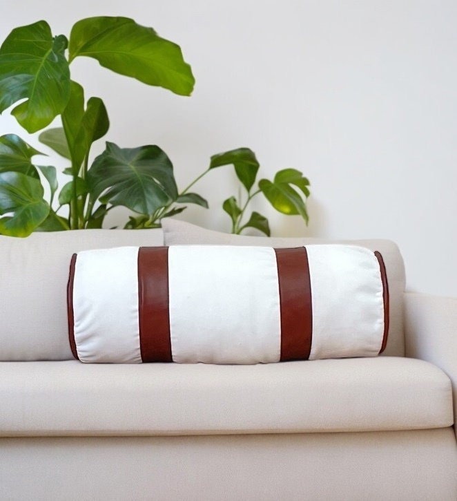 Luxurious White Velvet Faux Leather Bolster Pillow Cover