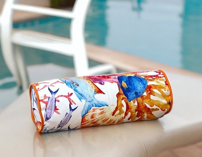 Orange sea patterned piping decorative outdoor bolster cover