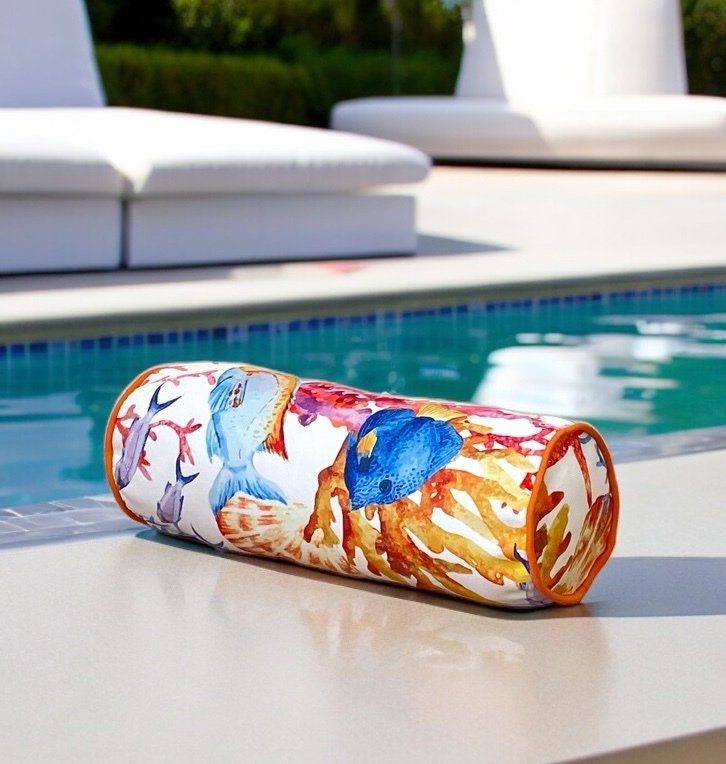 Orange sea patterned piping decorative outdoor bolster cover