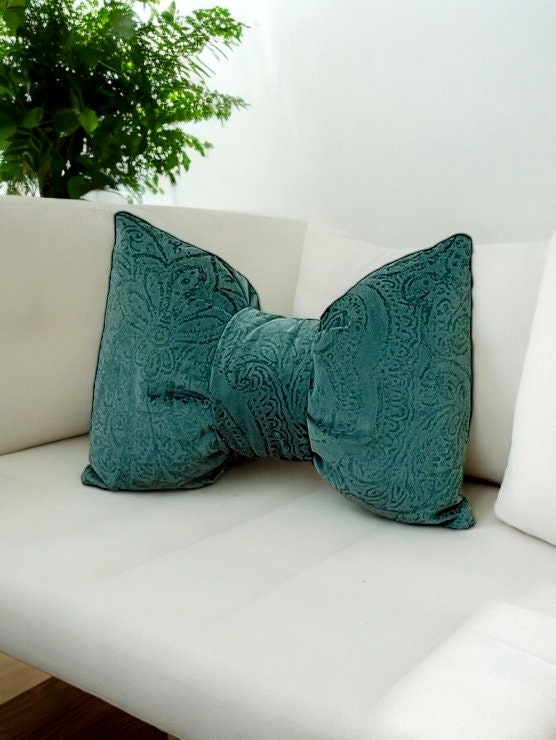 Green Floral Velvet Bow Pillow - 12x18"