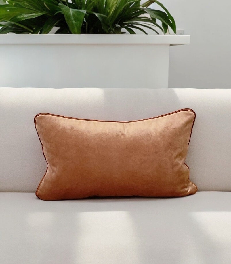 Camel Velvet Faux Leather Piping Lumbar Pillow Case