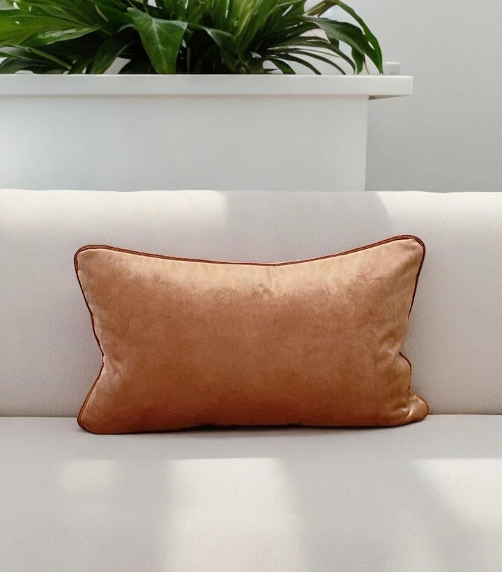 Camel Velvet Faux Leather Piping Lumbar Pillow Case