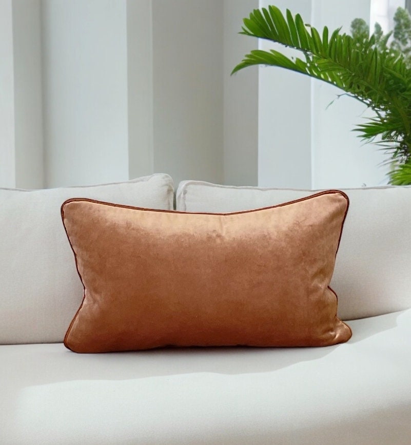 Camel Velvet Faux Leather Piping Lumbar Pillow Case