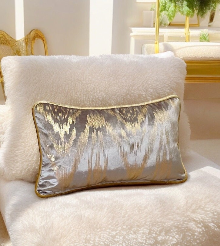 Grey Gold piping Velvet Lumbar Pillow Cover