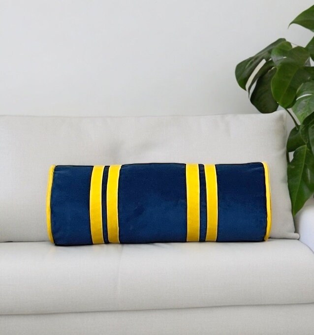 Navy Velvet Faux Leather Piping Bolster Pillow Cover