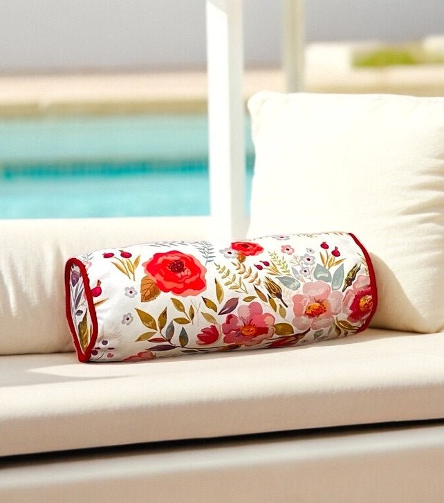 Red Floral Decorative Garden Outdoor Piping Bolser Pillow Cover