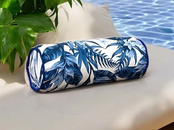 Navy Blue Floral Decorative Garden Outdoor Piping Bolser Pillow Cover