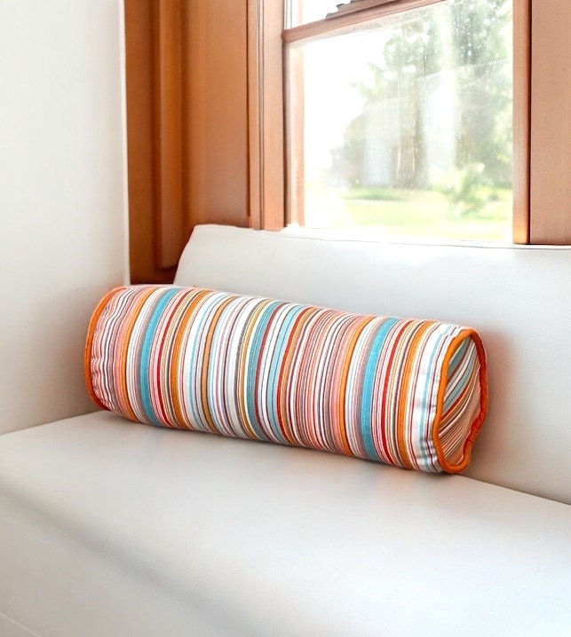 Unique Orange Striped  Outdoor Piping Bolser Pillow Cover,Birthday gift,Housewarming gift,Hand Crafted