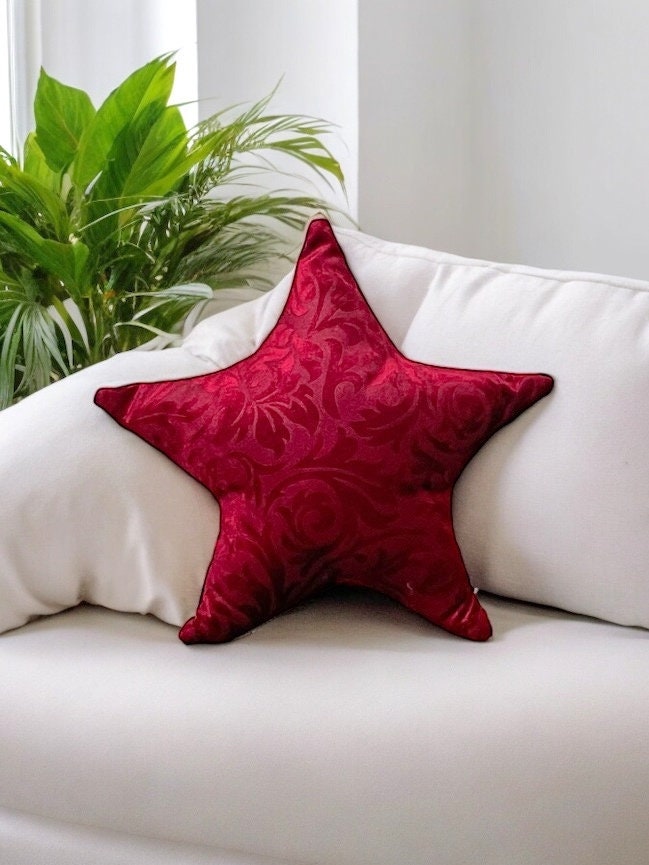 Red Floral Velvet Star Shaped Pillow