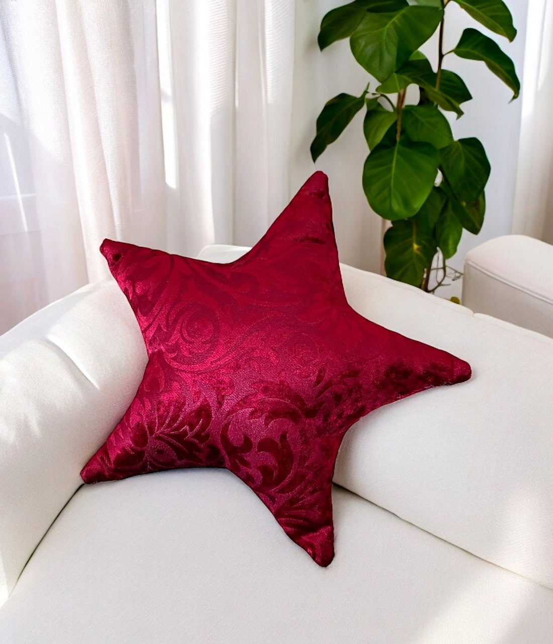 Red Floral Velvet Star Shaped Pillow