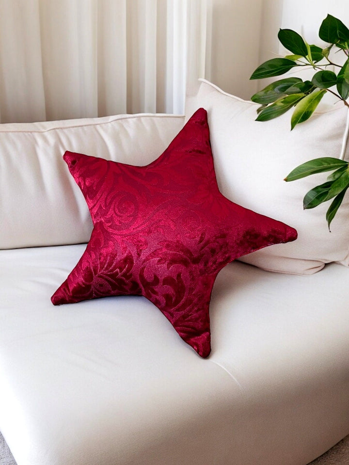 Red Floral Velvet Star Shaped Pillow