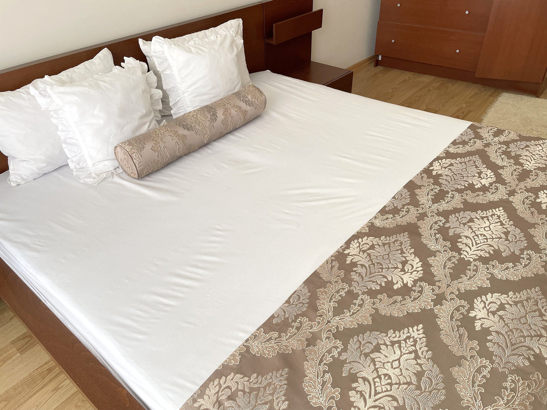 Beige Floral Satin Bed Runner