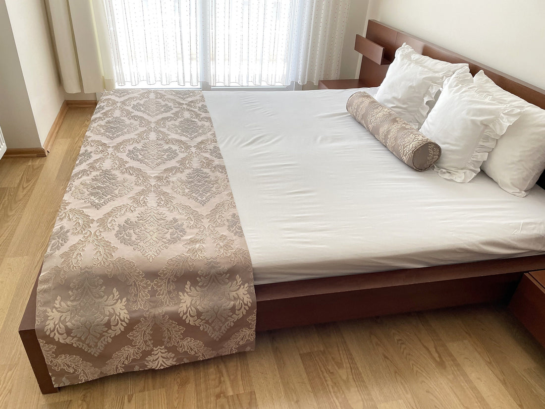 Beige Floral Satin Bed Runner