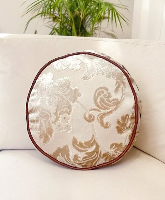 Velvet Cream Floral Faux Leather Piping Decorative Pillow With Insert