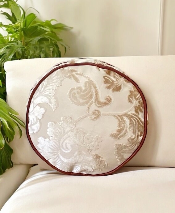 Velvet Cream Floral Faux Leather Piping Decorative Pillow With Insert