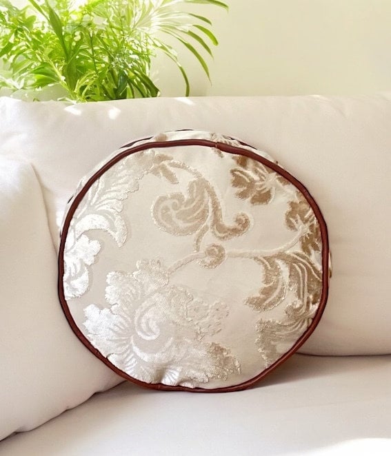 Velvet Cream Floral Faux Leather Piping Decorative Pillow With Insert