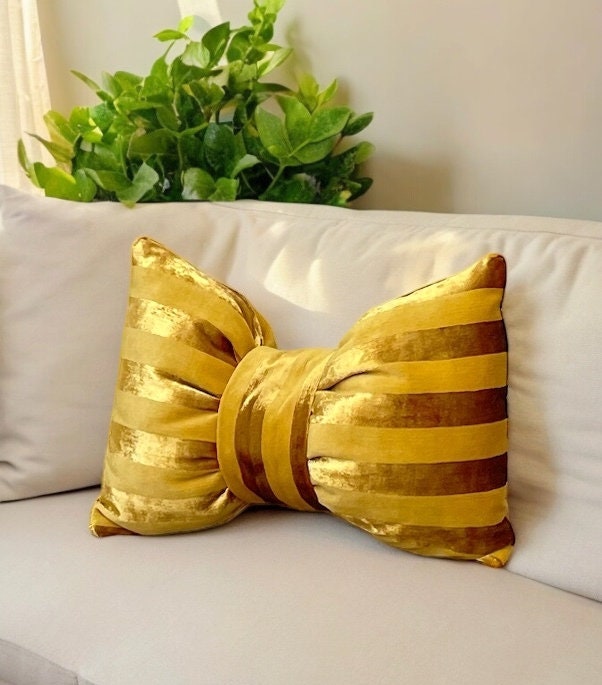 Gold Striped Velvet Bow Pillow - 12x18"