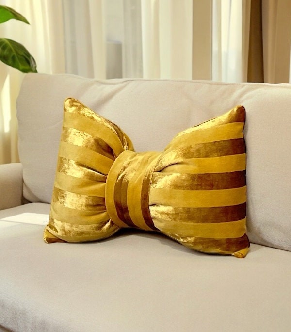 Gold Striped Velvet Bow Pillow - 12x18"