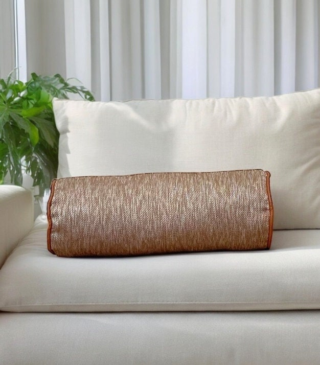 Camel Faux Leather Piping Linen Bolster Pillow Cover