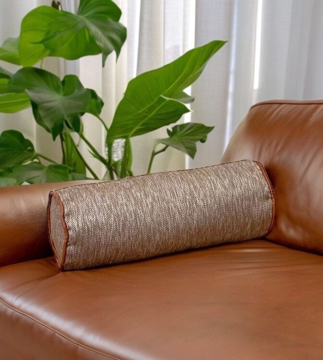 Camel Faux Leather Piping Linen Bolster Pillow Cover