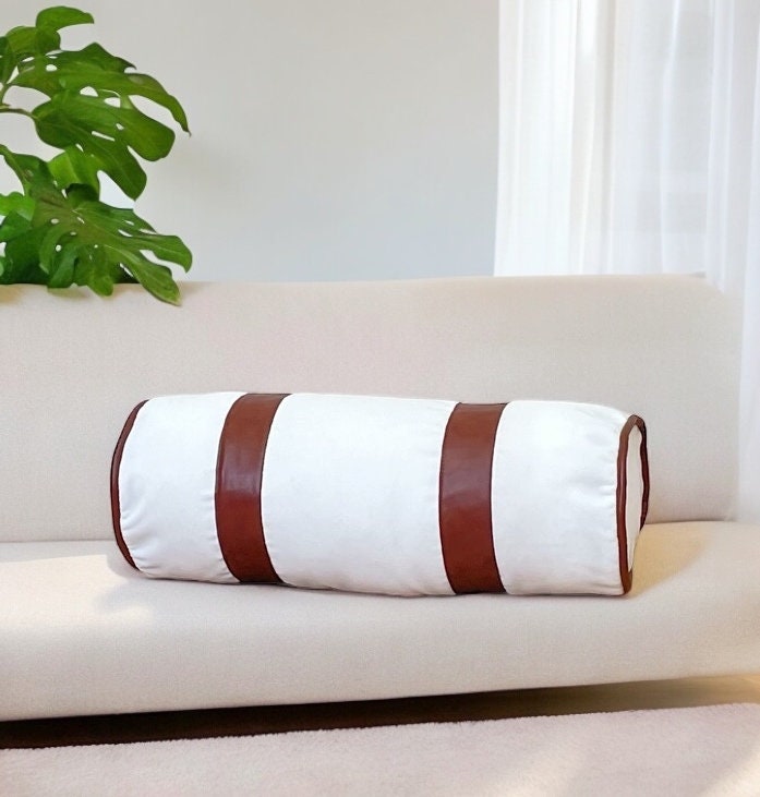 Luxurious White Velvet Faux Leather Bolster Pillow Cover