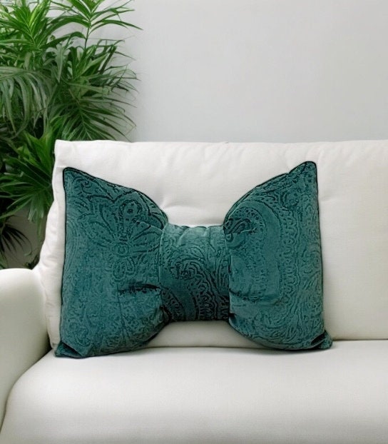 Green Floral Velvet Bow Pillow - 12x18"