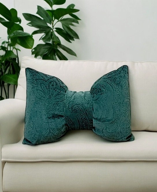 Green Floral Velvet Bow Pillow - 12x18"