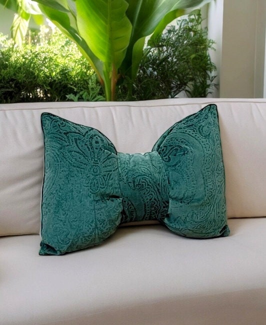 Green Floral Velvet Bow Pillow - 12x18"