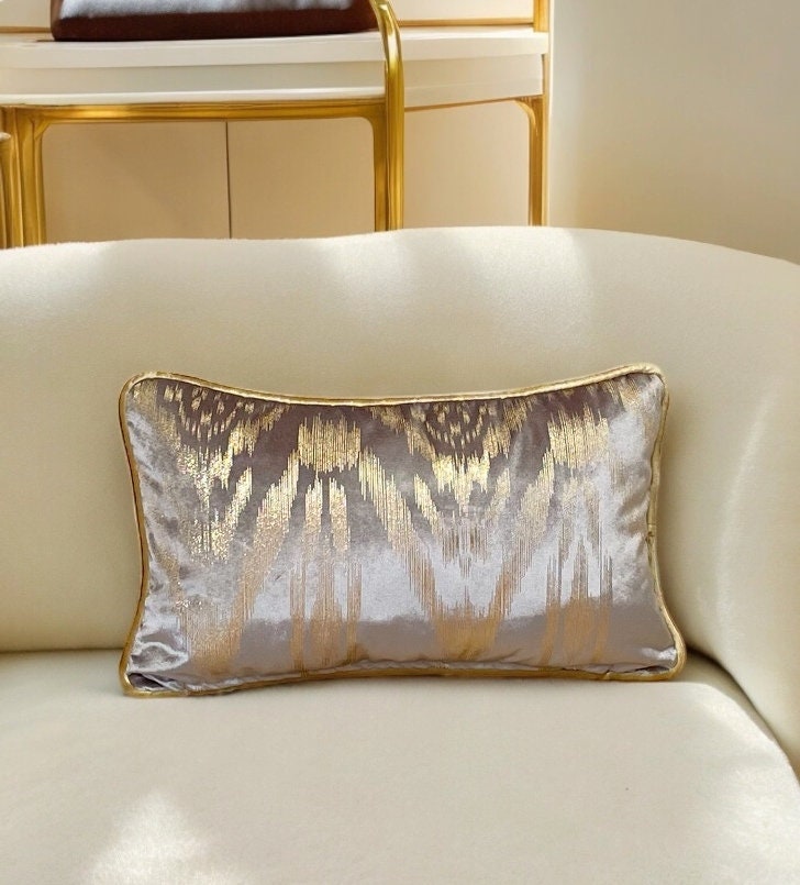 Grey Gold piping Velvet Lumbar Pillow Cover