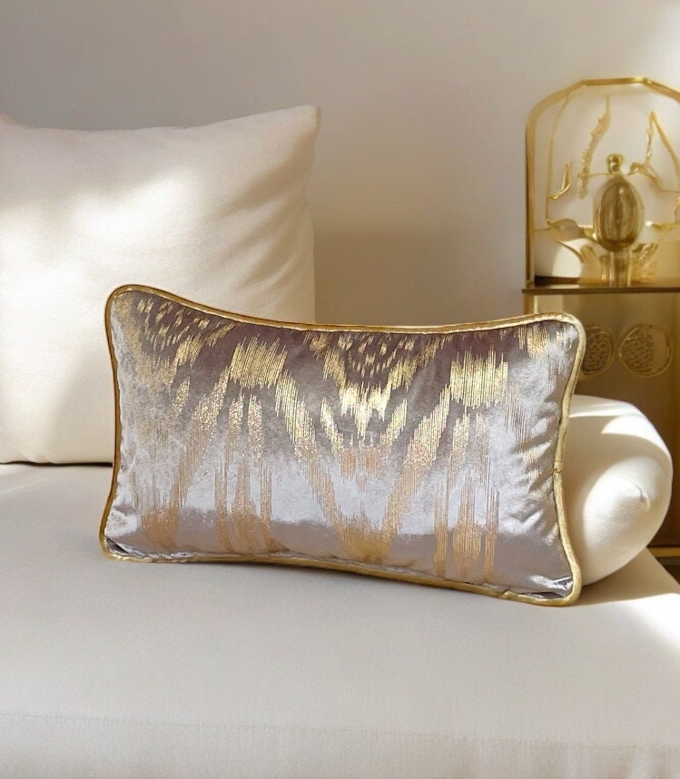 Grey Gold piping Velvet Lumbar Pillow Cover