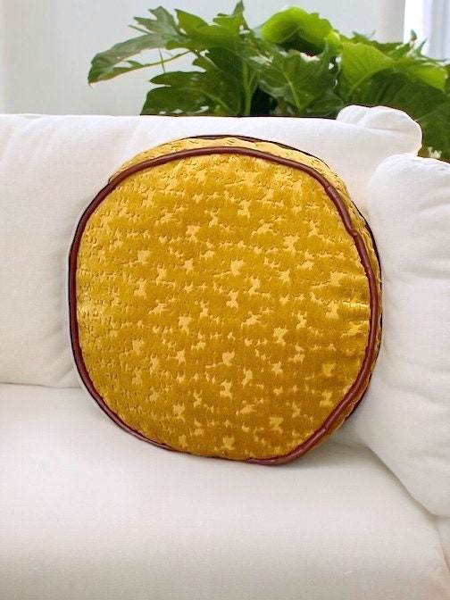 Velvet Mustard Boho Floral Faux Leather Piping Decorative Pillow With Insert