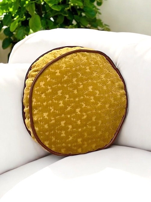 Velvet Mustard Boho Floral Faux Leather Piping Decorative Pillow With Insert