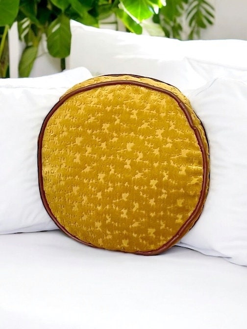 Velvet Mustard Boho Floral Faux Leather Piping Decorative Pillow With Insert