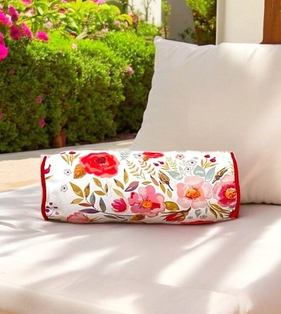 Red Floral Decorative Garden Outdoor Piping Bolser Pillow Cover