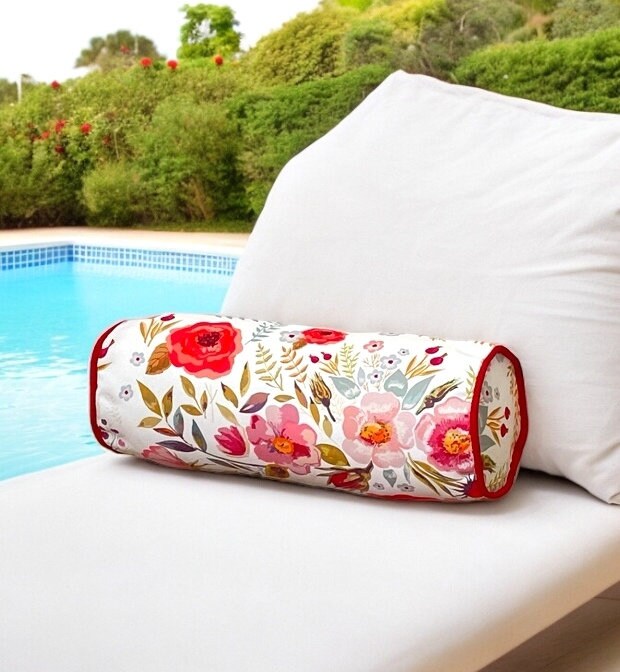 Red Floral Decorative Garden Outdoor Piping Bolser Pillow Cover