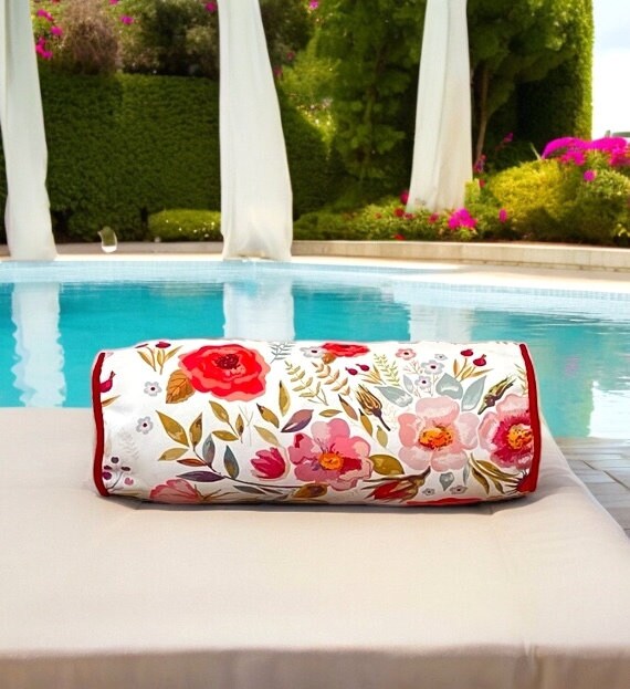 Red Floral Decorative Garden Outdoor Piping Bolser Pillow Cover