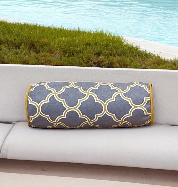 Unique Mustard and Gray Outdoor Piping Bolser Pillow Cover,Birthday Gift,Housewarming gift,Garden Decor