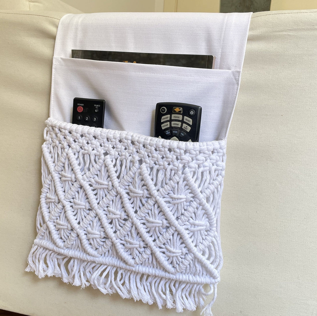 White Macrame Armrest Organizer,Remote Control Holder,Storage Basket,Armchair Organizer,11x37"