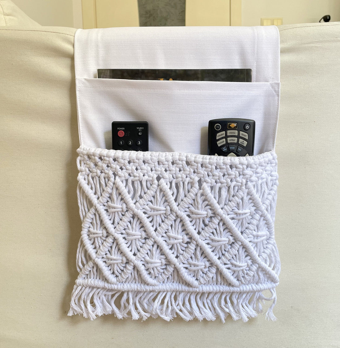 White Macrame Armrest Organizer,Remote Control Holder,Storage Basket,Armchair Organizer,11x37"