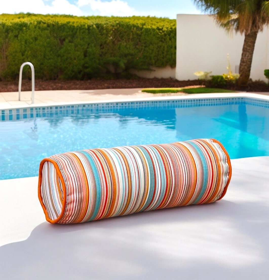 Unique Orange Striped  Outdoor Piping Bolser Pillow Cover,Birthday gift,Housewarming gift,Hand Crafted