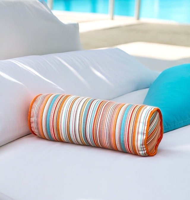 Unique Orange Striped  Outdoor Piping Bolser Pillow Cover,Birthday gift,Housewarming gift,Hand Crafted