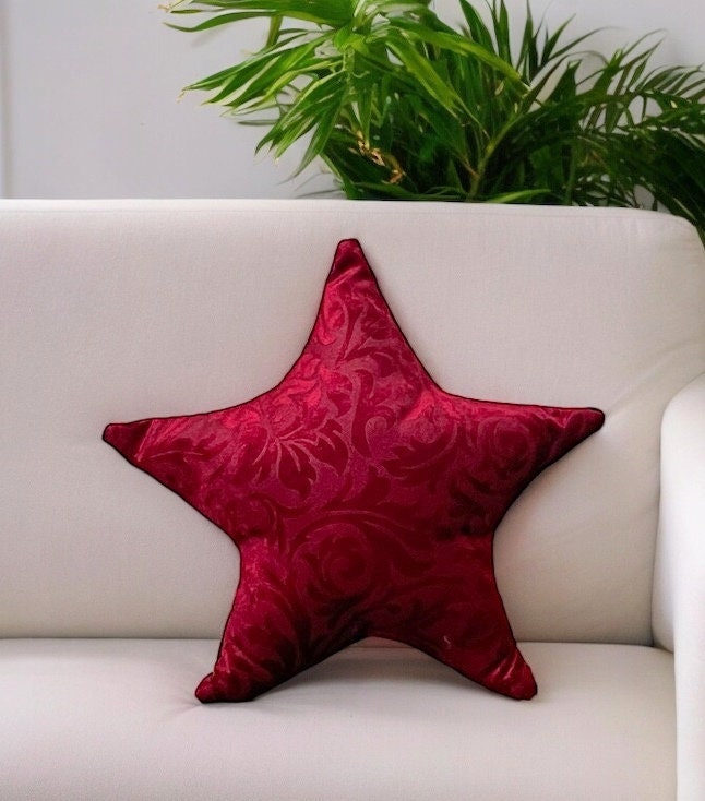 Red Floral Velvet Star Shaped Pillow