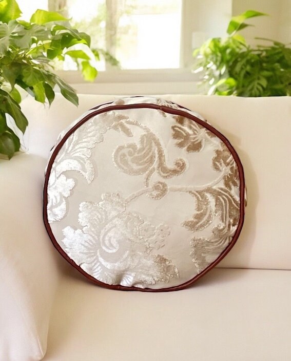 Velvet Cream Floral Faux Leather Piping Decorative Pillow With Insert