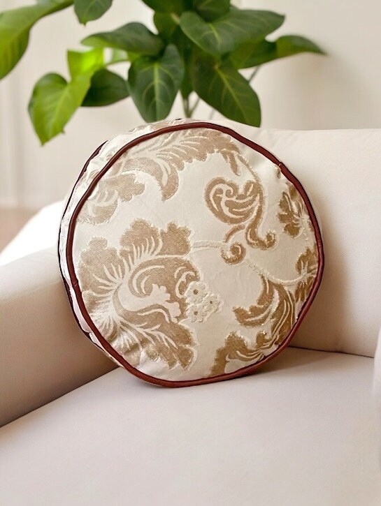 Velvet Cream Floral Faux Leather Piping Decorative Pillow With Insert