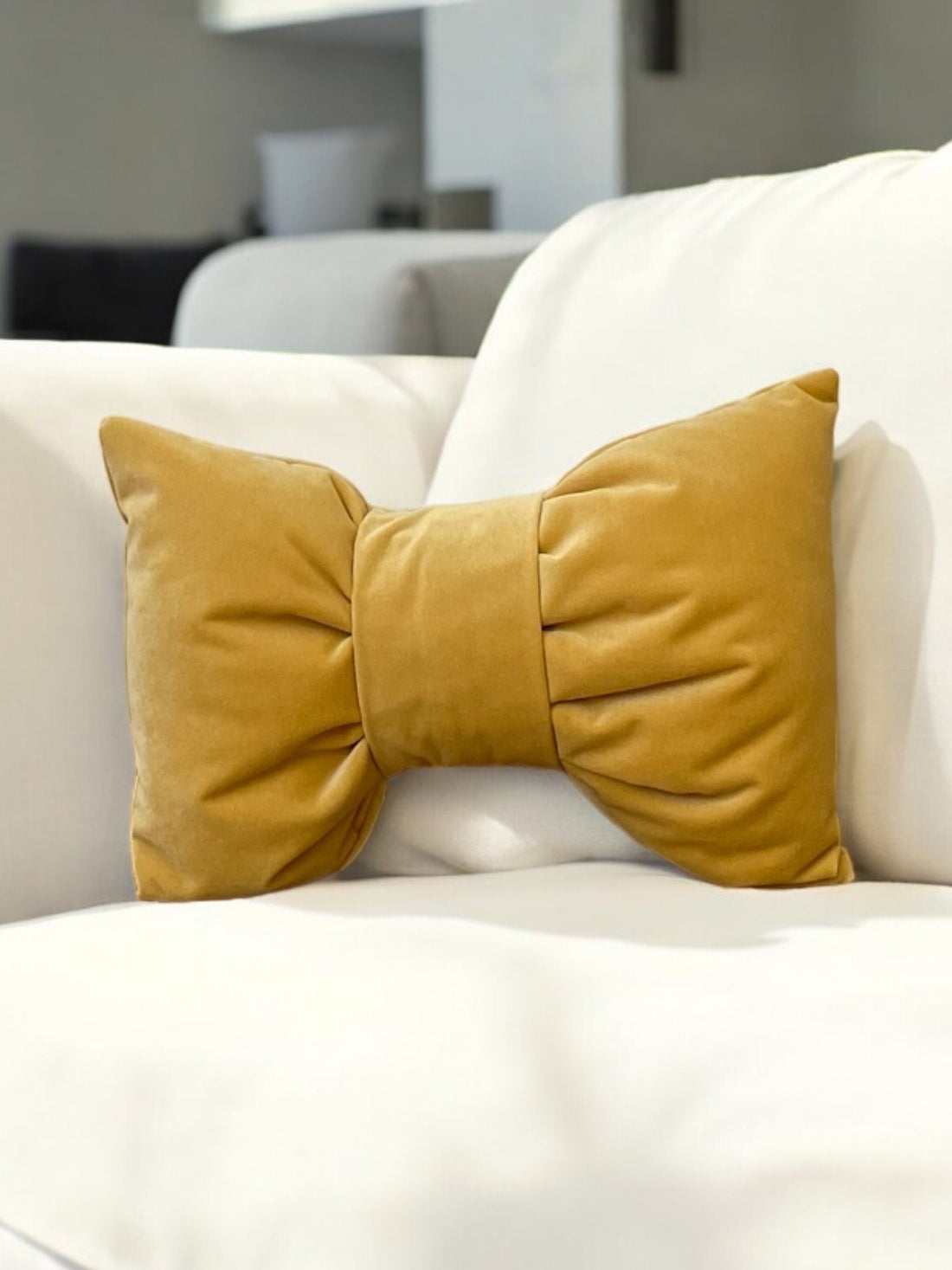 Yellow Mustard Velvet Decorative Bow Pillow - 12x18" -Birthday Gift-Home Decoration-Housewarming gift-Bow Throw Pillow